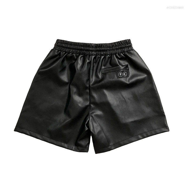 Men's Shorts High Street Vintage Metal Logo PU Leather Short Pants Summer Men Women Loose Drawstring Casual Trousers