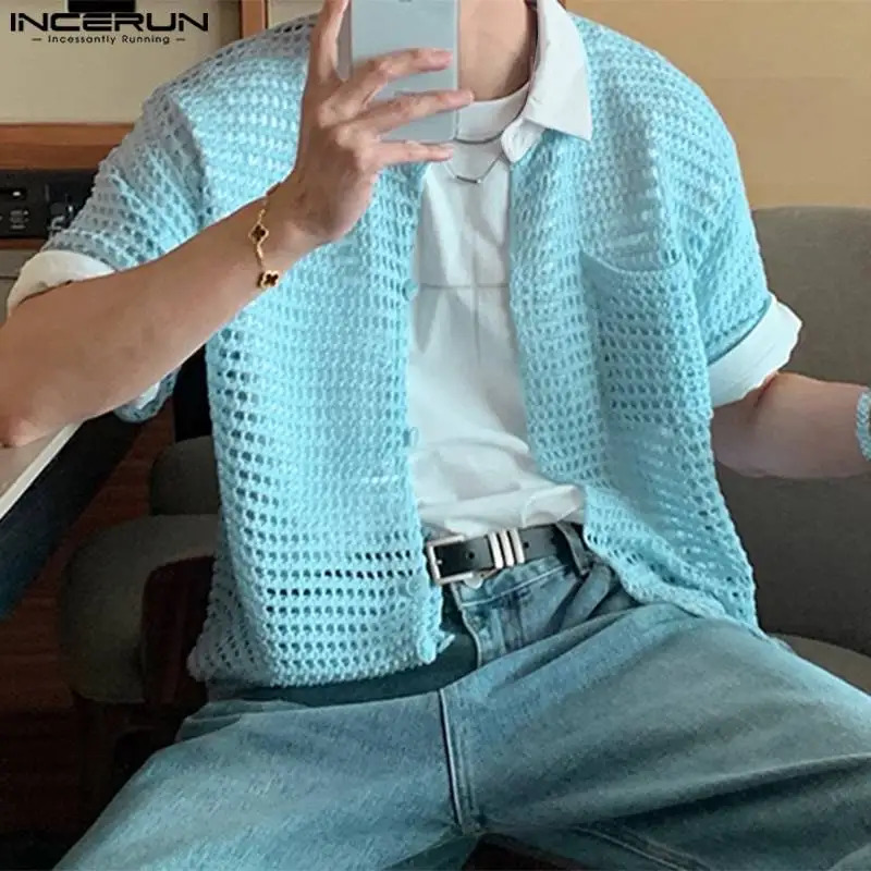INCERUN Mens Shirts Patchwork Mesh Hollow Out Transparent Lapel Short Sleeve Mens Clothing Streetwear Fashion Shirts S-5XL 250222