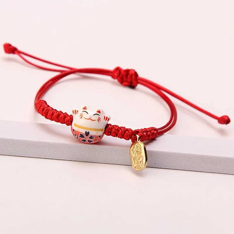 Simple Ceramic Lucky Cat Braided Bracelet for Women Cute Animal Kitten Hand-woven Adjustable Bangles Party Harajuku Jewelry GiftXJ250225