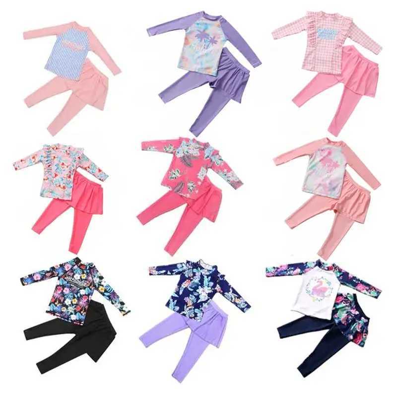 Girls two-piece set 3-11 year old childrens long sleeved ski swimsuit 2021 childrens cute printed swimsuit baby swimsuit X250224