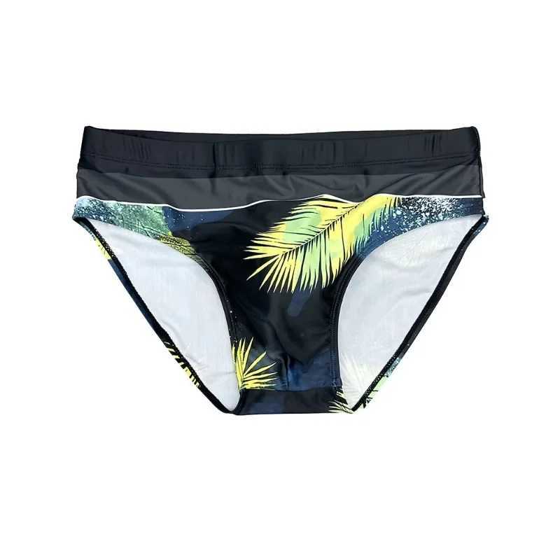 Summer Men Swimsuit Trend Leaf Print Swimming Trunks Mens Breathable Bathing Swimwear Men Push-Up Pad Surf Beach ShortsXJ250224