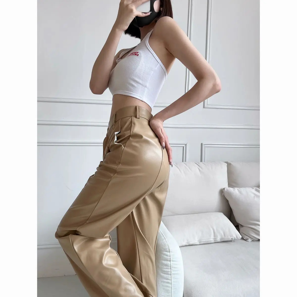 Autumn Winter Straight Leather Pants Women Slim Floor-length Casual Pu Leather Pants for Tall People Loose Wide-leg Pants 250224