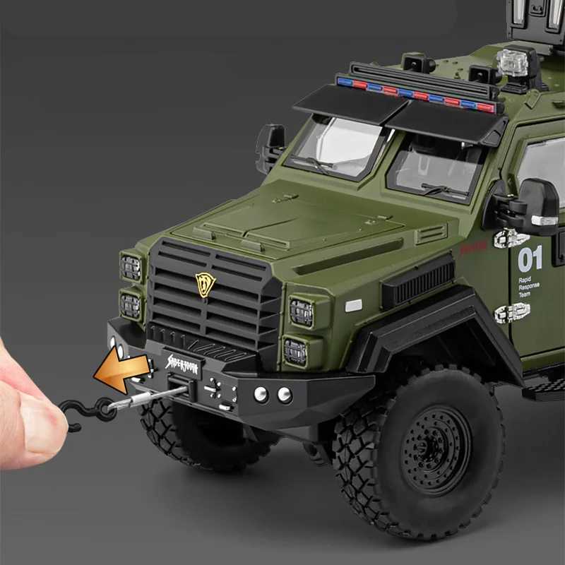1 24 Alloy Sword Toothed Tiger Explosion Proof Diecast Police Armored Off-road Vehicles Car Model Sound Light Toy Gift Free shipping