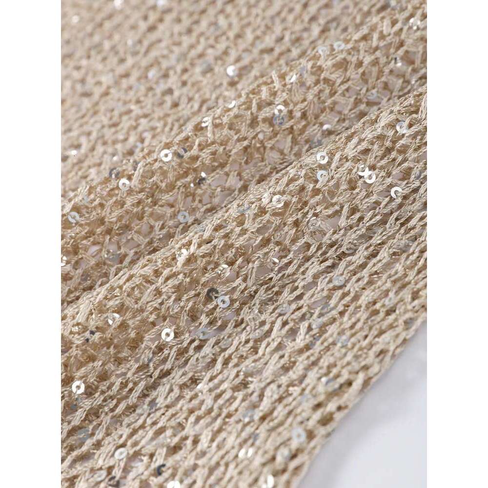 Women's Wear Fashion Sequin Knitted Hollow Out Pullover For Women See Through Elegant O-Neck Loose Long Sleeve Sweater Spring Female Chic Top