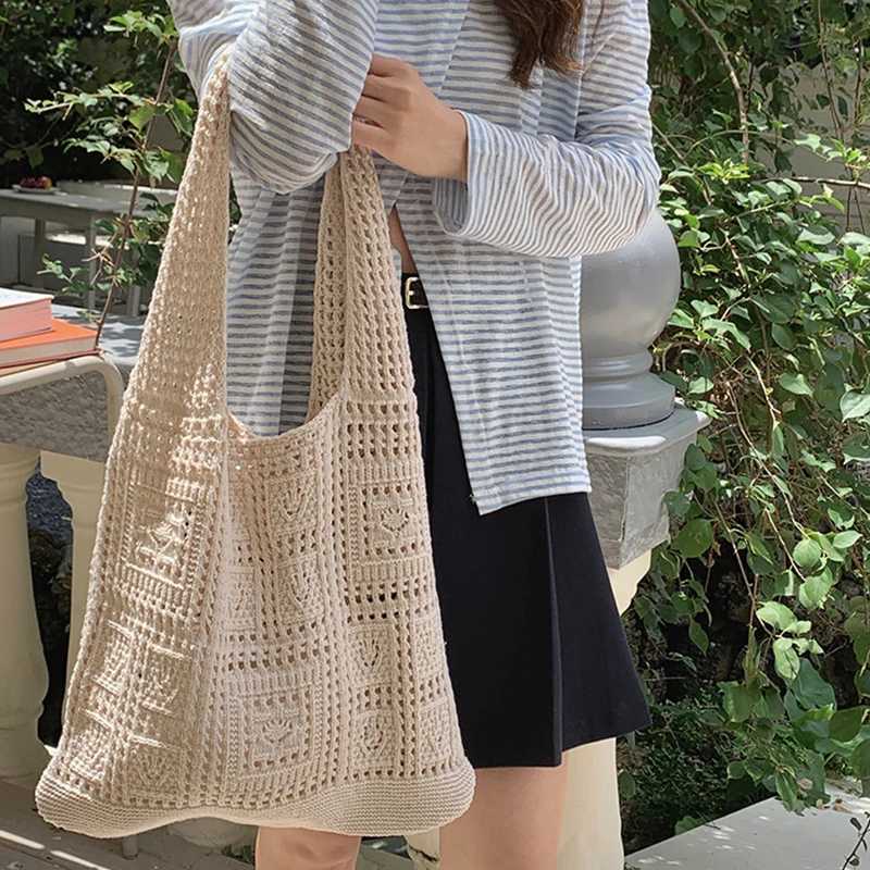 Knitted Shoulder Bags Fashion Hollow Woven Large Capacity Crochet Bag Solid Color Shopping Tote Women Girls