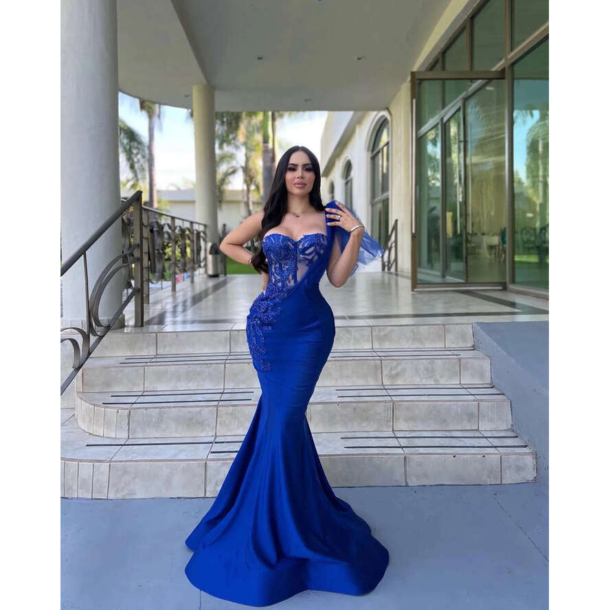 Blue Royal Mermaid Prom Dress Detachable Train Illusion Sequins Bodice Evening Dresses Tulle Shoulder Backless Beauty Women Formal Gown
