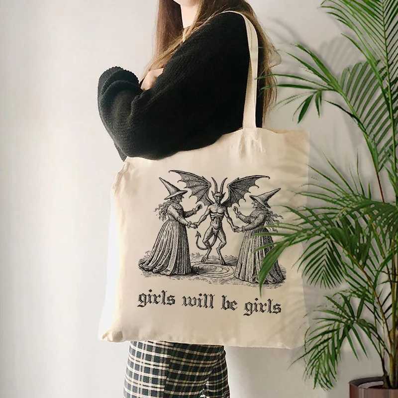 Girls Will Be Girls Witch Canvas Tote Bag Organizer New Large Capacity Travel Storage Shoulder Bag Handbag Halloween Spooky Gift Z250224