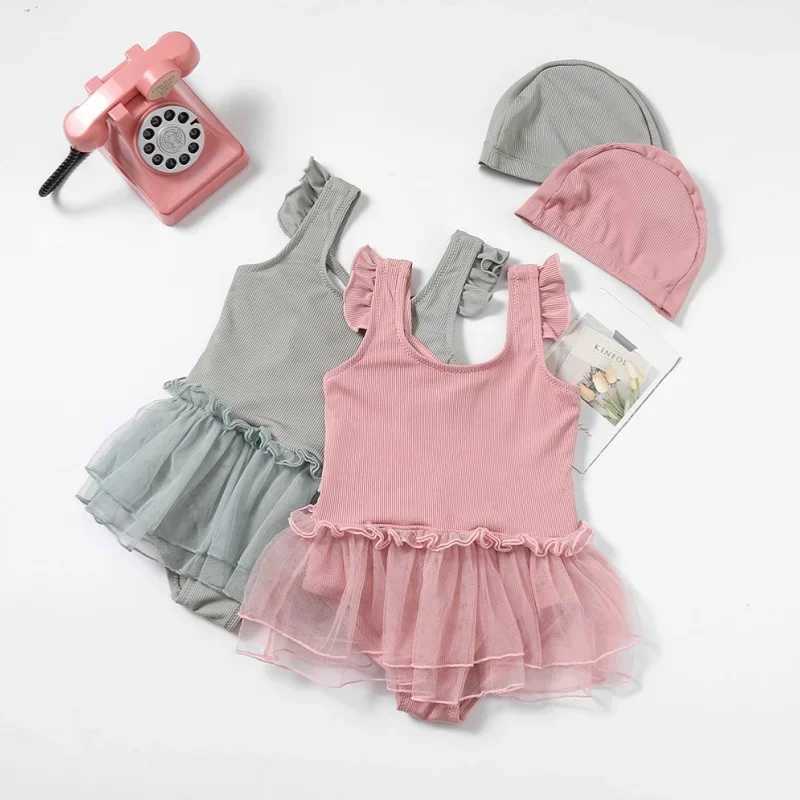 New Girls Swimwear Hat Set Fashion Sweet Children Solid Color Bow Swimsuit for Little Girls Kids Summer Soft Baby Swimwear X250224