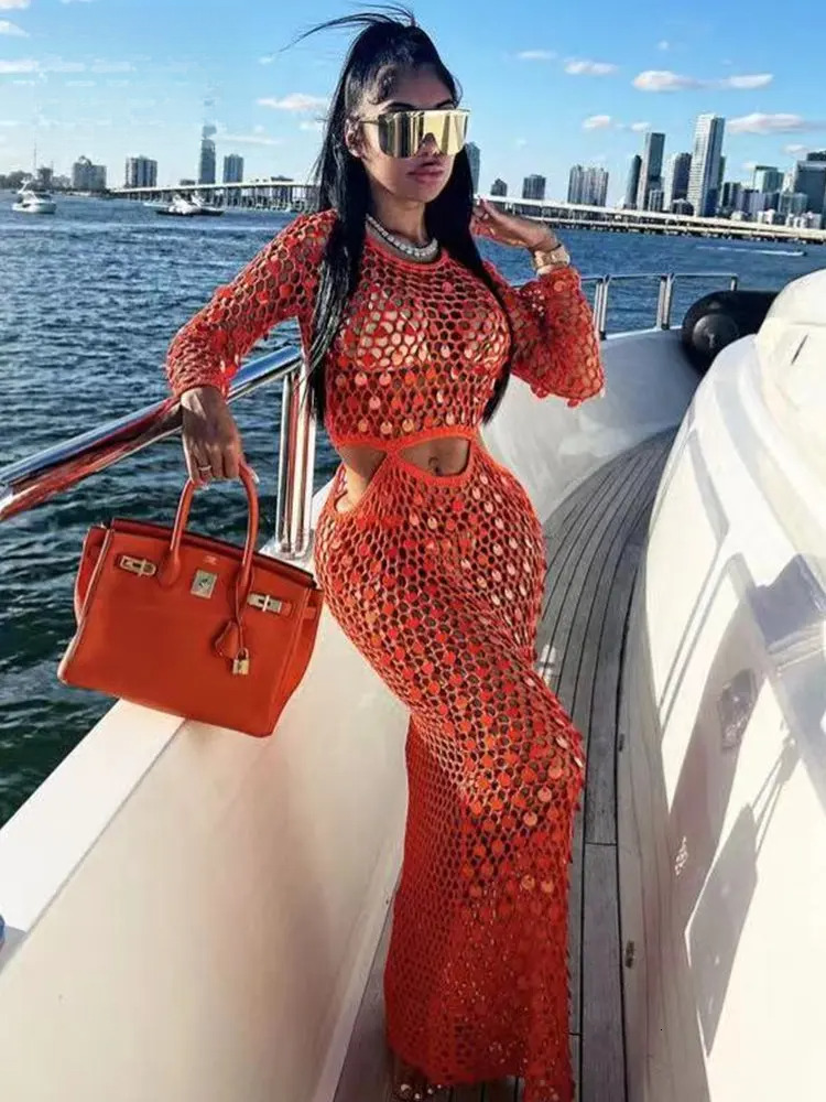 Fishnet Knitting Hollow Sequins Maxi Dress Sexy See Through Holiday Long Sleeve Slim Summer Vacation Beach Dresses