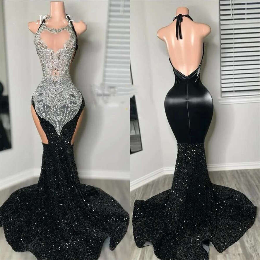 Halter Long Prom Dress For Black Girls 2024 Beaded Crystal Rhie Birthday Party Dresses Sequin Evening Gowns Robe De