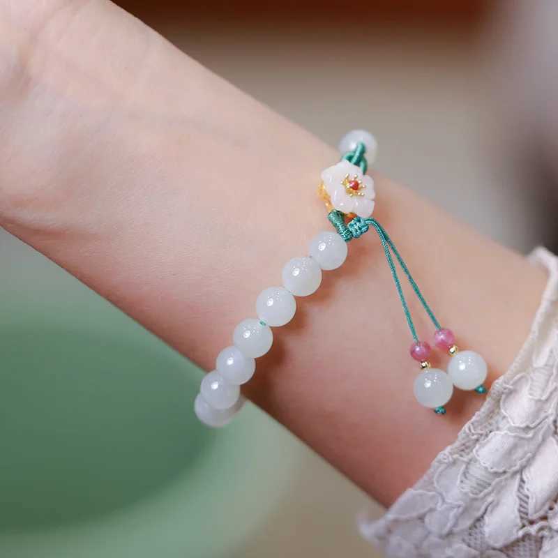 Jade Beads Small Peach Flower Woven Bracelet Female Minority Design Students Best Friend Gift Beads Bracelet Ins KnittingXJ250225