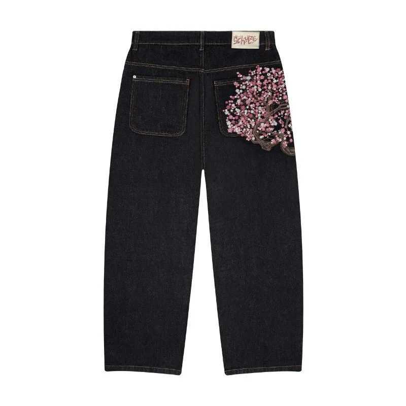 Men's Jeans Y2K Harajuku jeans Gothic retro plum flower embroidery pattern wide leg pants mens denim fabric American streetwear z250225