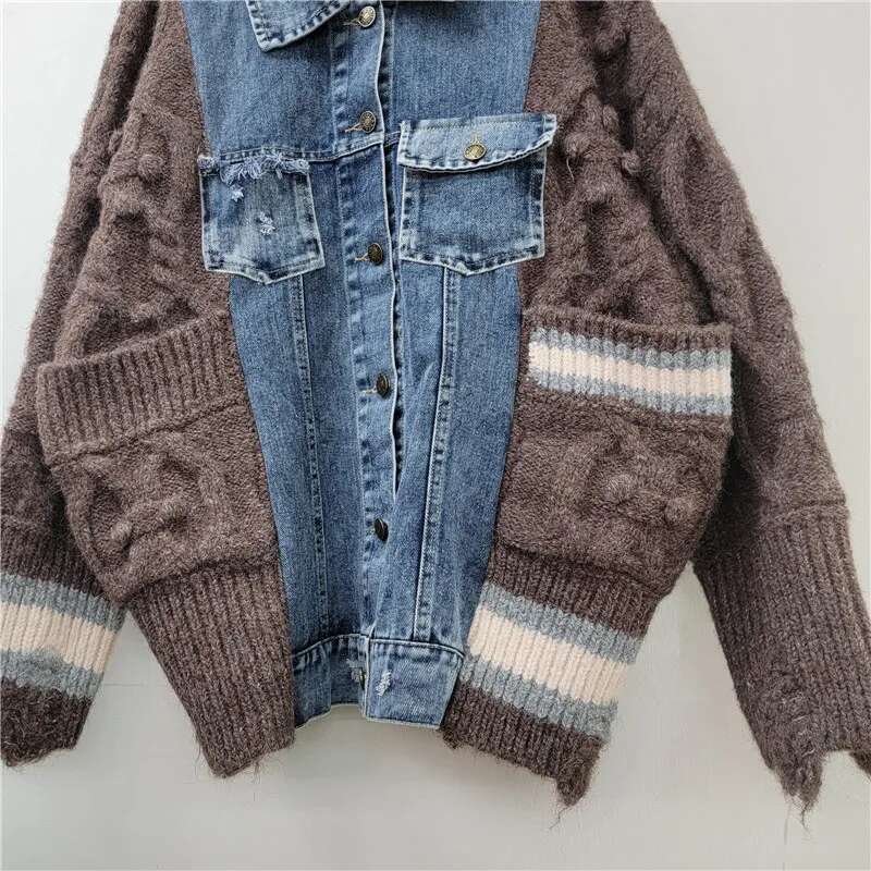 Getspring Women 2024 Autumn Denim Ed Knitted Cardigan Fashion All Match Single Breasted Losoe Casual Knit Sweater