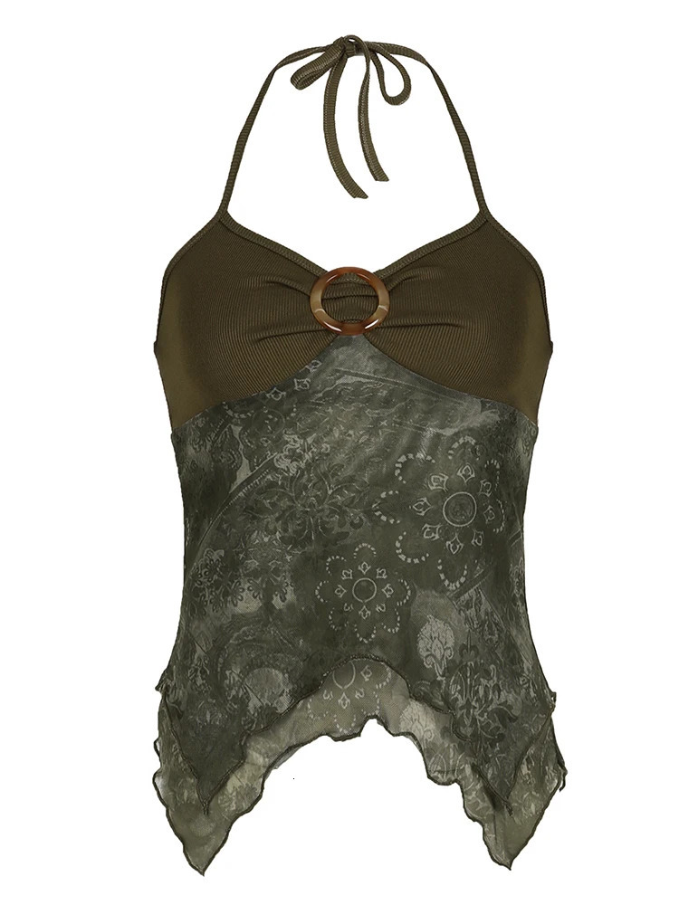 Sweetown Retro Forest Green Vintage Print Boho Y2K Camisole Backless Halter Tie Asymmetrical Tops Women Summer Vacation Clothing 250224