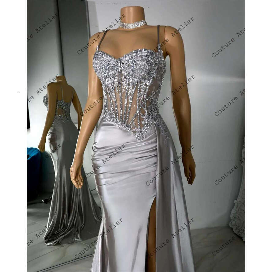 Sier Bbeaded Spaghetti High Split Prom Dresses For Black Girls Mermaid Elegant Dress Special Party Formal Gowns Satin Arabic