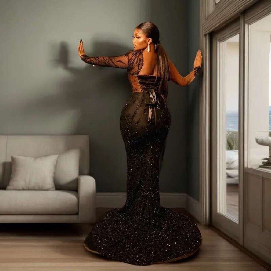 Mermaid Aso Ebi Prom Dresses Gitter One Shoulder Black Sparkg Beaded Sequined Modest Sexy Evening Dress Second Reception Gowns Party Club Formal Appli