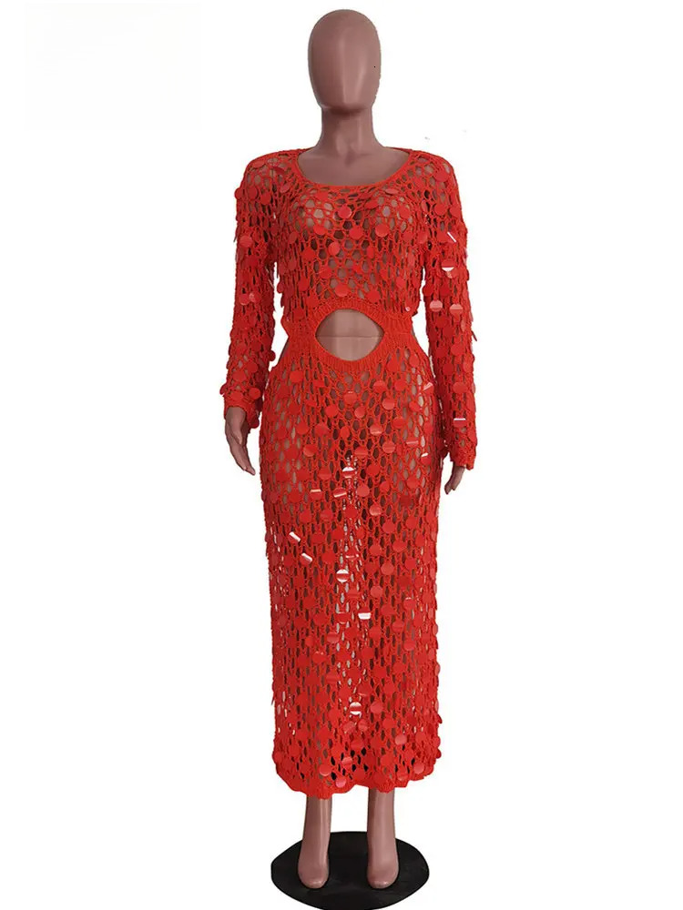 Fishnet Knitting Hollow Sequins Maxi Dress Sexy See Through Holiday Long Sleeve Slim Summer Vacation Beach Dresses