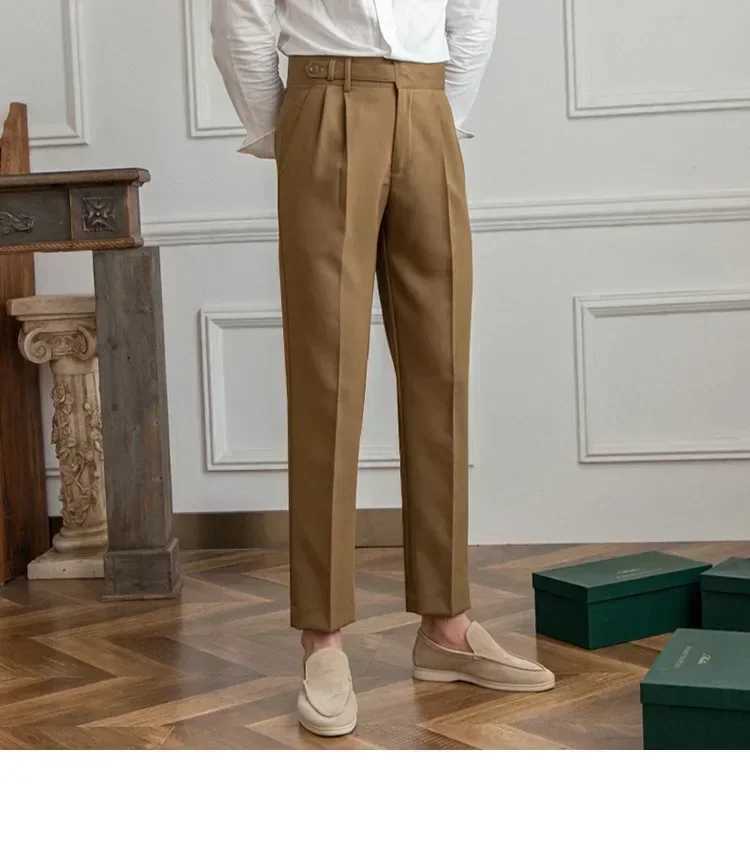High waisted mens straight casual suit pants high-quality Neapolitan pants elegant British Trouser almond black banquet wedding W250225