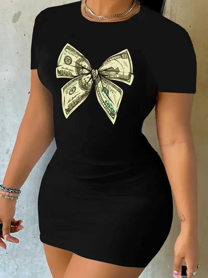 Money Print Charm flat Sve Bodycon dress with work collar breathable suitable for casual parties for women in spring and summerXJ250224