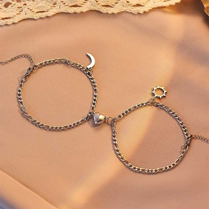 2PCS Stainless Steel Non Fading Hip Hop Bracelet Magnet Sun Moon Bracelet Suitable for Couples Girlfriends and Simple Handmade JewelryXJ250225