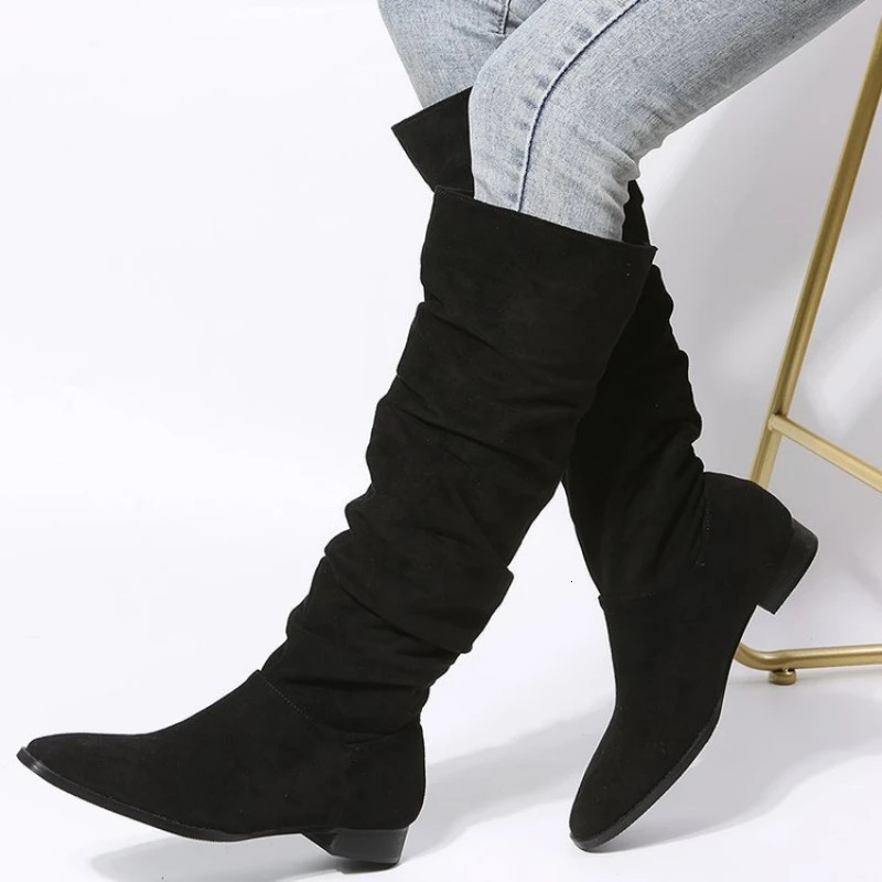 Solid Color Comfortable Fashion Knee-high Fashion Boots Round Head Square Heels Increase Large Size Winter High Boots250225
