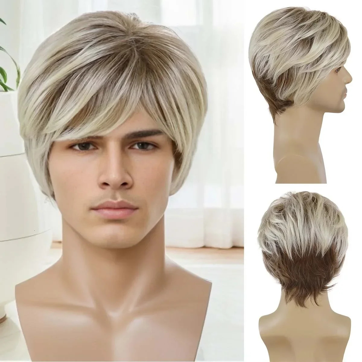 Synthetic Ombre Blonde To Brown Layered Wig with Bangs for Men Short Straight Hair Heat Resistant Natural Daily Party Man Wig 250224