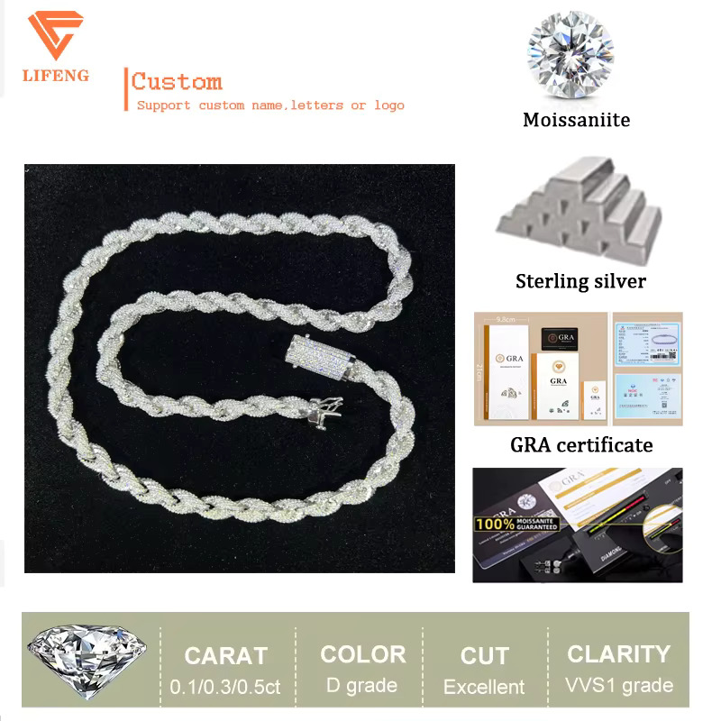 Hip Hop Custom Iced Out Sterg Sier Vvs Moissanite White Gold Plated Rope Chain Tennis Chains Jewelry Unisex Dia Necklace
