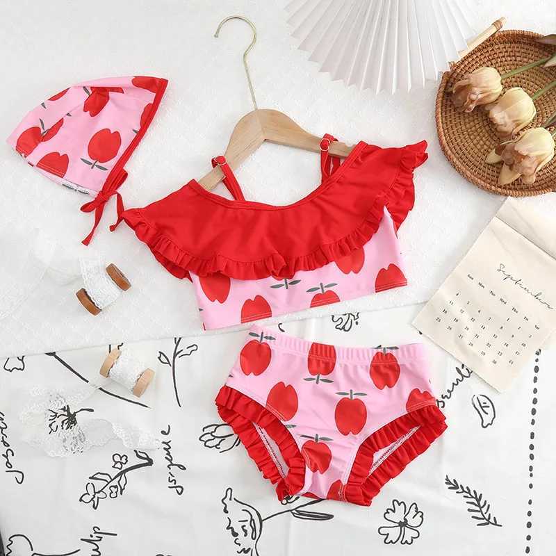 Infant Baby Girl Swimsuits Cute Apple Print Summer Sling Strap Crop Tops+Ruffle Tutu Shorts Toddlers Swimwear Beachwear with Cap X250224