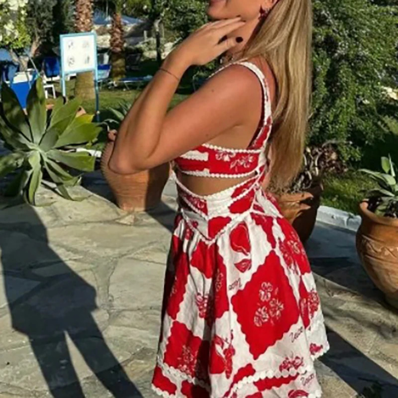 Chic Hollow Out Color Blocked Print Halter Dress Sexy Slim High Waist A-line Party Dress Early Spring Vacation Beach Mini Dress 250225