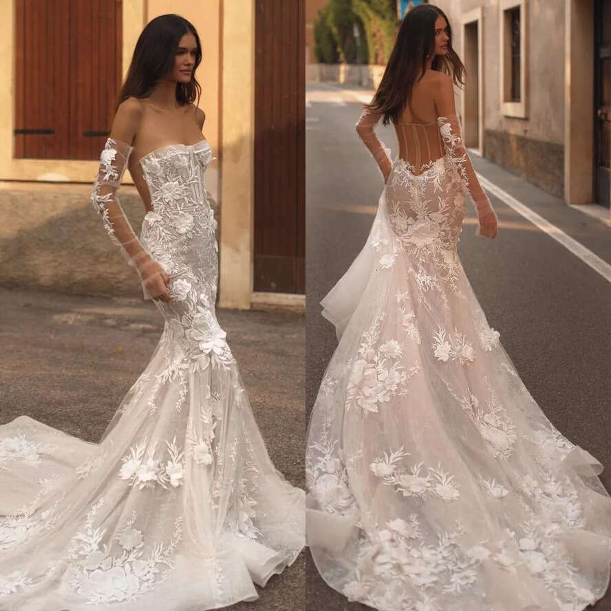 Berta Mermaid Dresses Strapless Backless Wedding Dress Sweep Train 3D Ral Appliques Lace Bridal Gowns