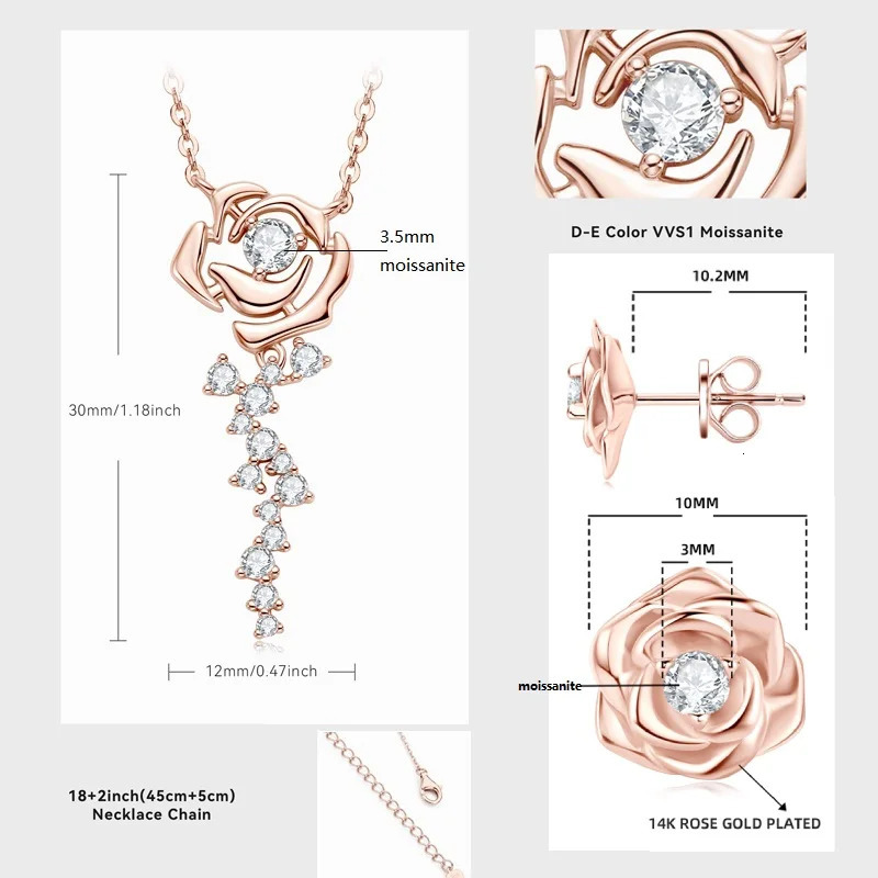 925 Sterling Silver Flower Jewelry Set Rose Gold Plated D Pendant Necklace Stud Earrings Set for Women Wedding Gift 250221