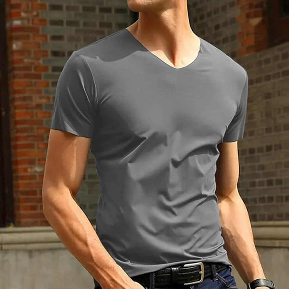 Mens T-shirt Ice Silk Seamless Short Sleeve Blouse Summer Cool V-Neck Slim Fit Everyday T Shirts Breathable Basic Clothing 250225