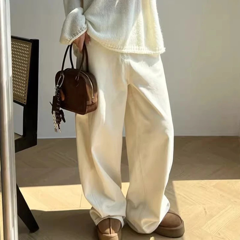 Fashion Simple Plain White Baggy Jeans Women y2K All Match Solid Pockets Wide Leg Straight Lady Denim Pants Casual Loose Trouser 250222