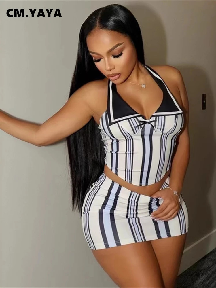CM.YAYA Fashion Sporty Womens Set Mini Skirt and Sleeveless Striped Top Autumn Street Sext Two 2 Piece Dress Sets Outfits 250224