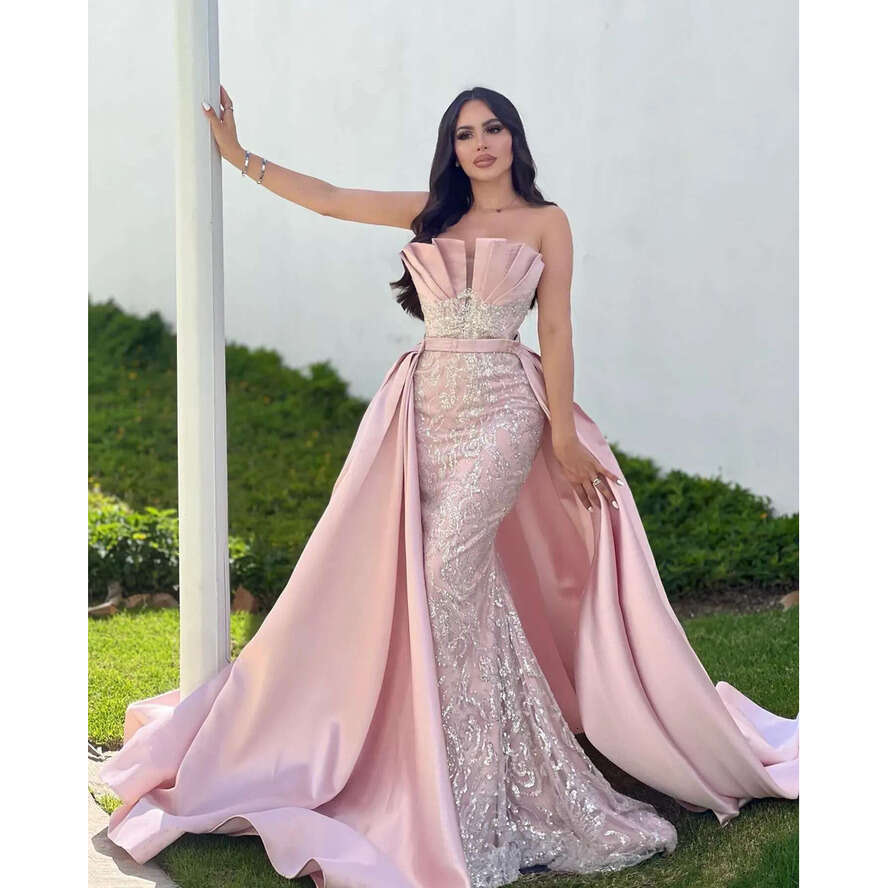 2025 Elegant Pink Satin Mermaid Prom With Overskirt Formal Women Dresses For Special Ocns Pageant Robe De Soiree Es
