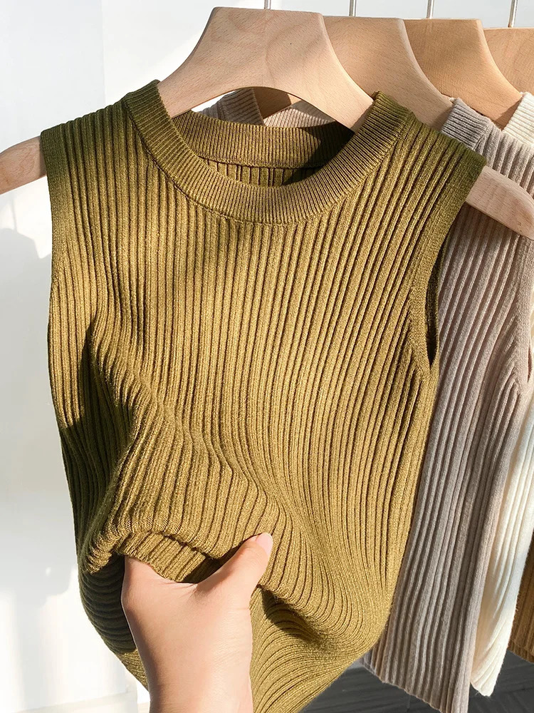 AOSSVIAO 2025 Korea Knitted Vests Women Top O-neck Solid Tank Blusas Y2K Summer Fashion Female Sleeveless Casual Thin Tops 250224