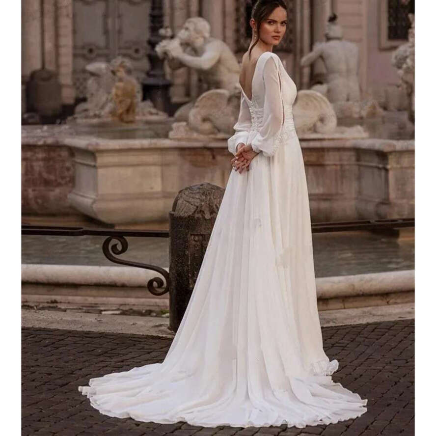 Arrival New Wedding Dresses Deep V Neck Long Puff Sleeves A E Chiffon Silt Bridal Bride Formal Gowns Vestidos De Noiva