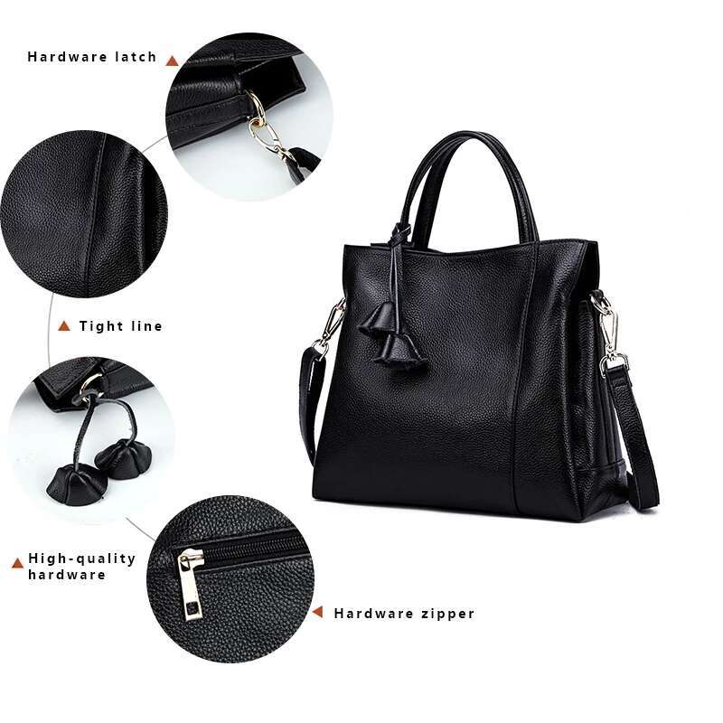 Cowhide women's handbag casual versatile black daily commuting single shoulder crossbody tote bag