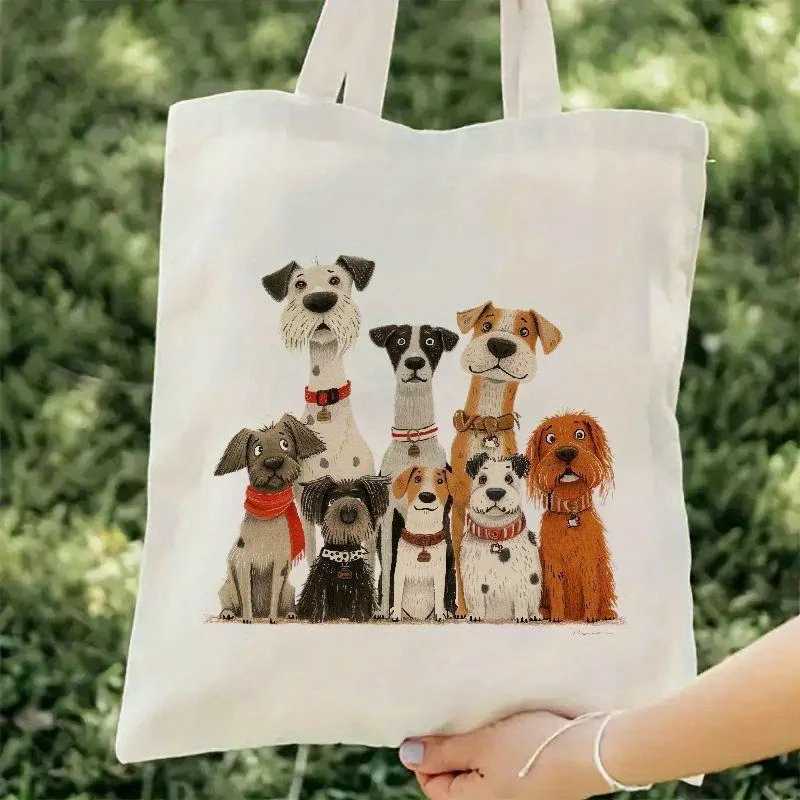 Cute Dogs Print Tote Bag Casual Cotton Canvas Shoulder Bags for Women Shopping Hand Wash Open Top Fixed Daily Accessory Decor Z250224