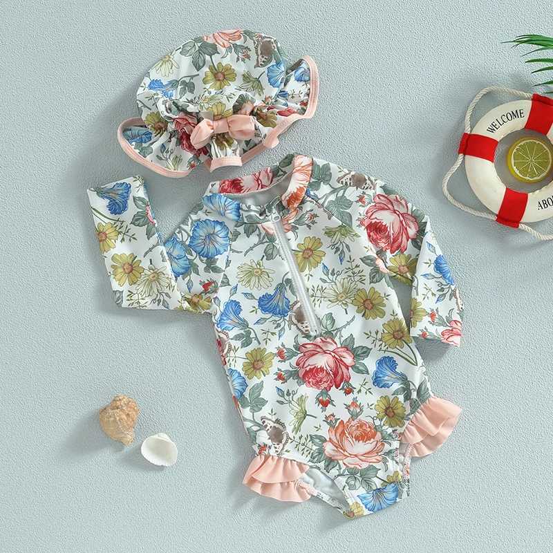 Toddler Girl Mermaid Print Swimsuit with Ruffles and Matching Swimming Cap for Summer Beach Fun X250224