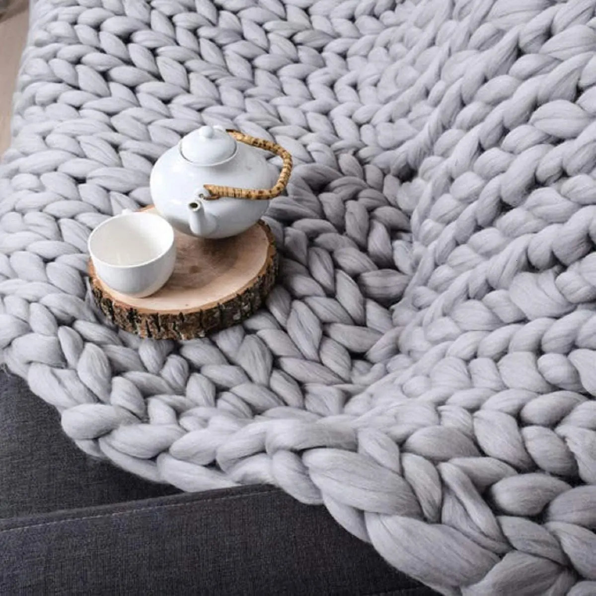 Handmade Chunky Knit Blanket Large Thick Wool Bulky Knitting Throw for Bedroom Decor Pet Bed Chair Mat Rug Grey 250218 - view 6