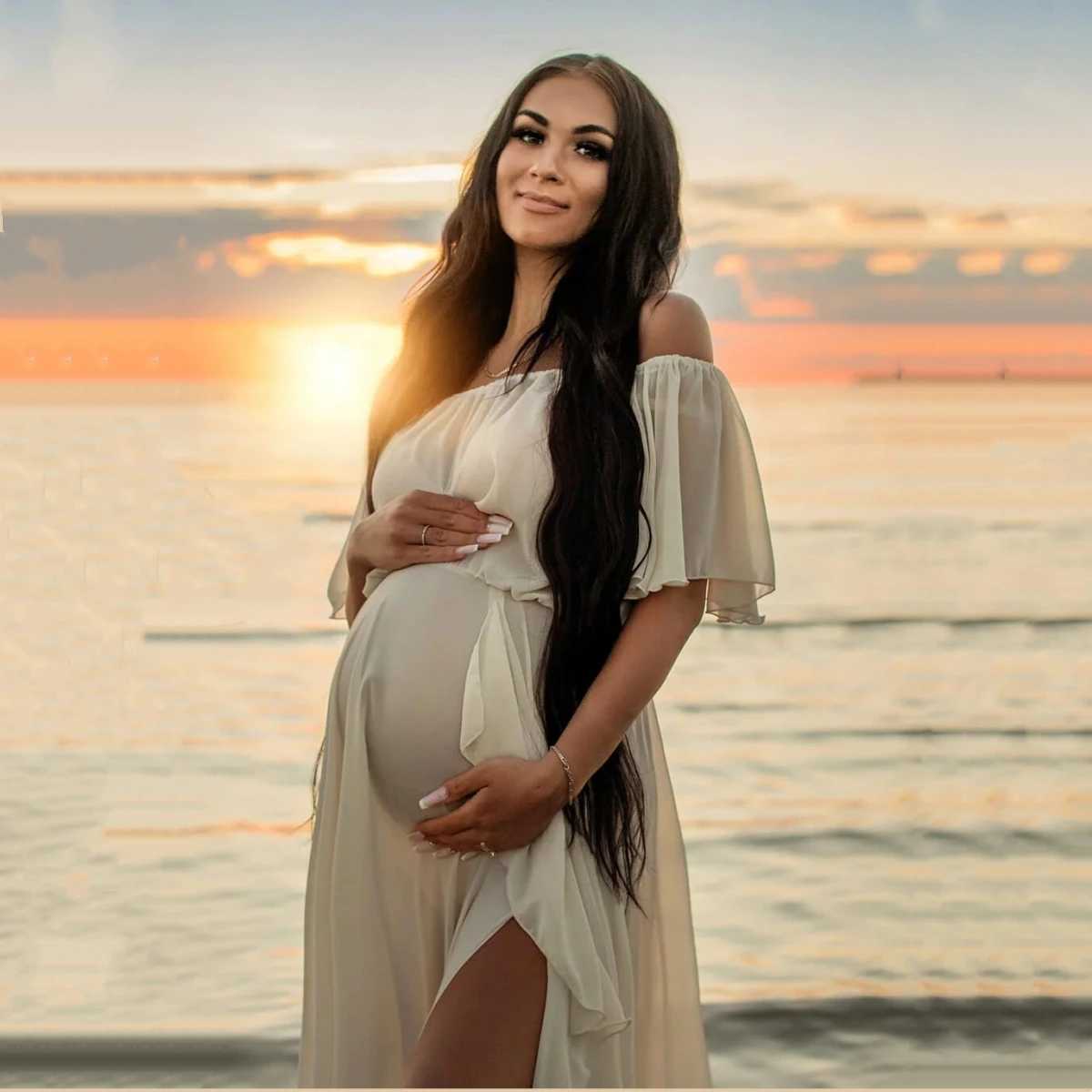 Slash Neck Summer Chiffon Maternity Dress by Ruffle Pregnant Photoshot Maxi Dress Side Seam View X250224