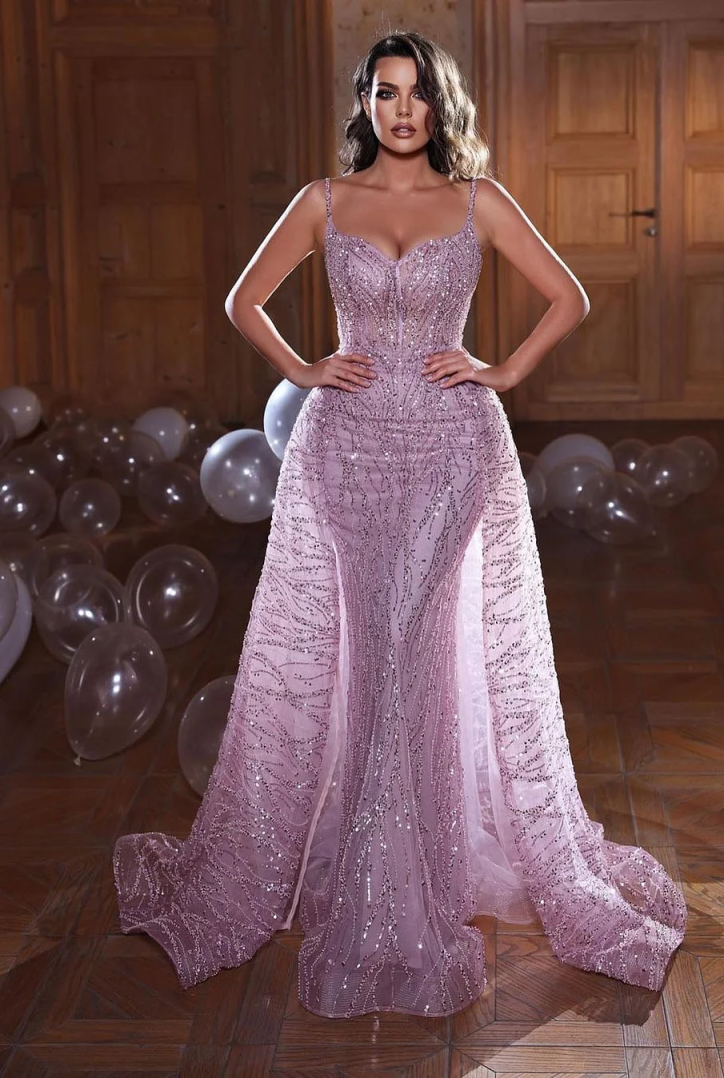 Graceful Mermaid Evening Dresses With Spaghetti Strap Vogue Beaded Bling Sequins Customized Prom Lace Women Special Occasions Wear Plus Size Vestido d