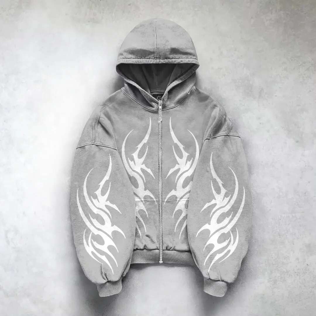 American Retro Y2K Gothic Punk Washed Zipper Hoodie Mens and Womens Streetwear Haruku Fashion Anime Loose Jacket Tops