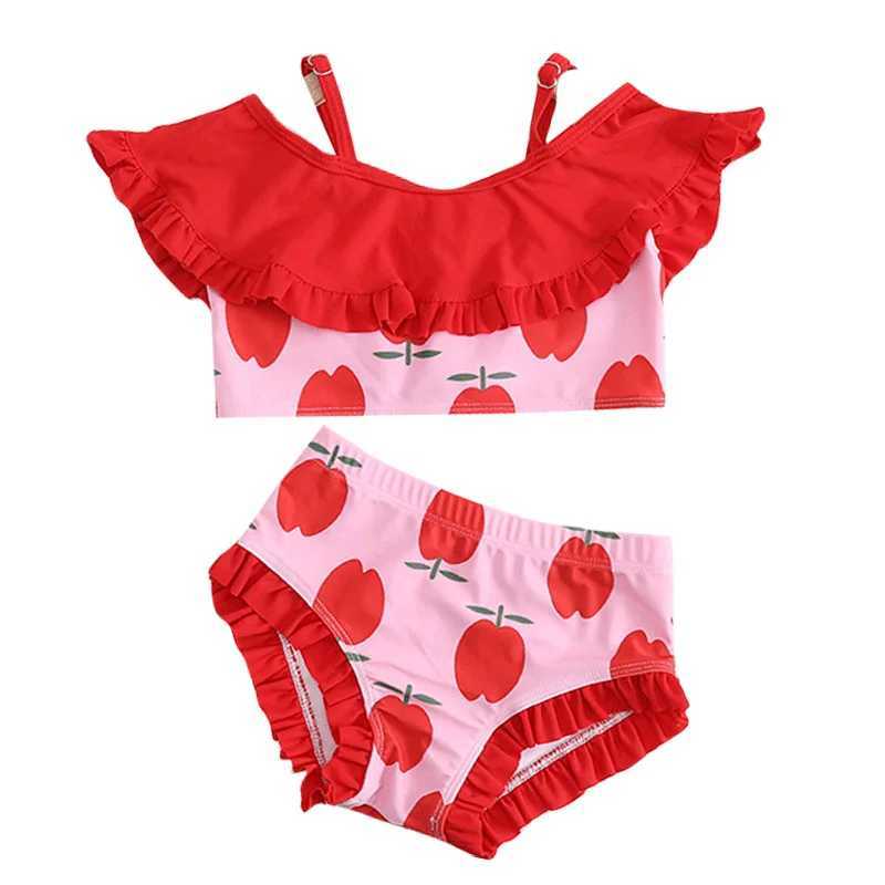 Infant Baby Girl Swimsuits Cute Apple Print Summer Sling Strap Crop Tops+Ruffle Tutu Shorts Toddlers Swimwear Beachwear with Cap X250224
