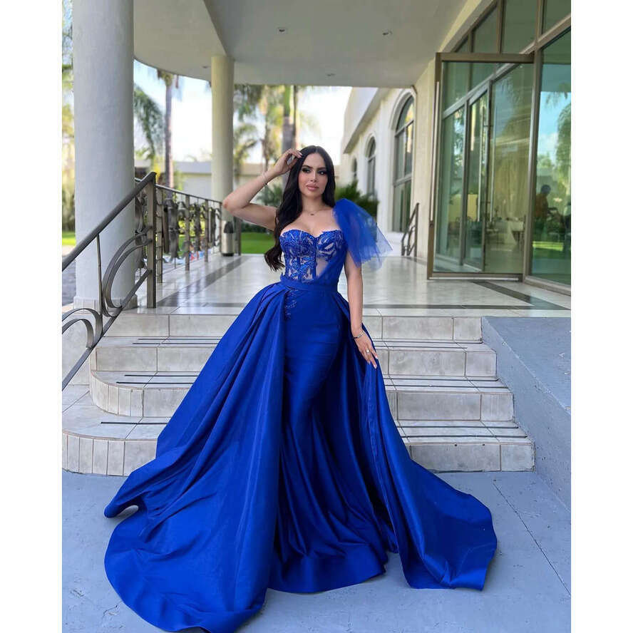 Blue Royal Mermaid Prom Dress Detachable Train Illusion Sequins Bodice Evening Dresses Tulle Shoulder Backless Beauty Women Formal Gown