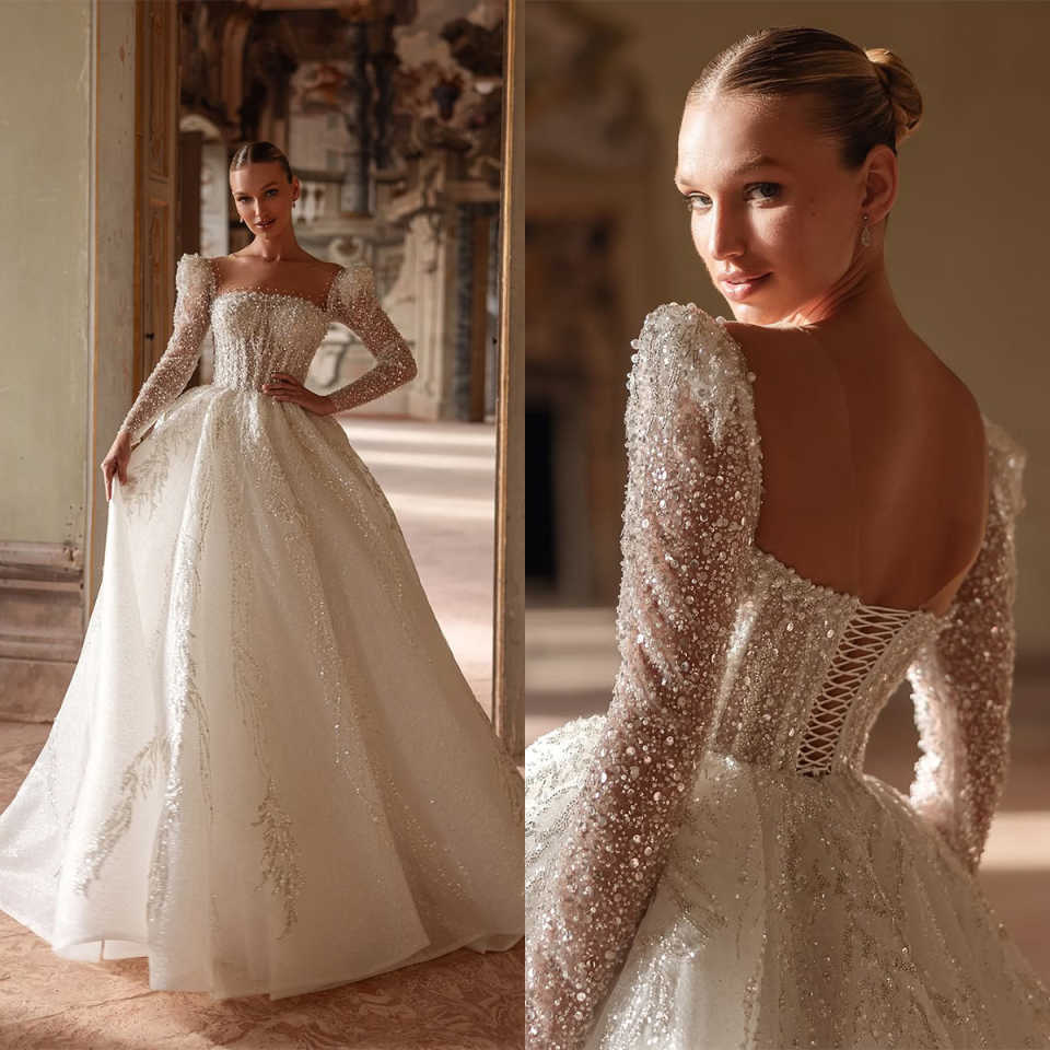 Classic A Line Women Wedding Dress Sheer Neck Long Sleeves Backless Bridal Gowns Sequins Lace Sweep Train Dress Custom Made