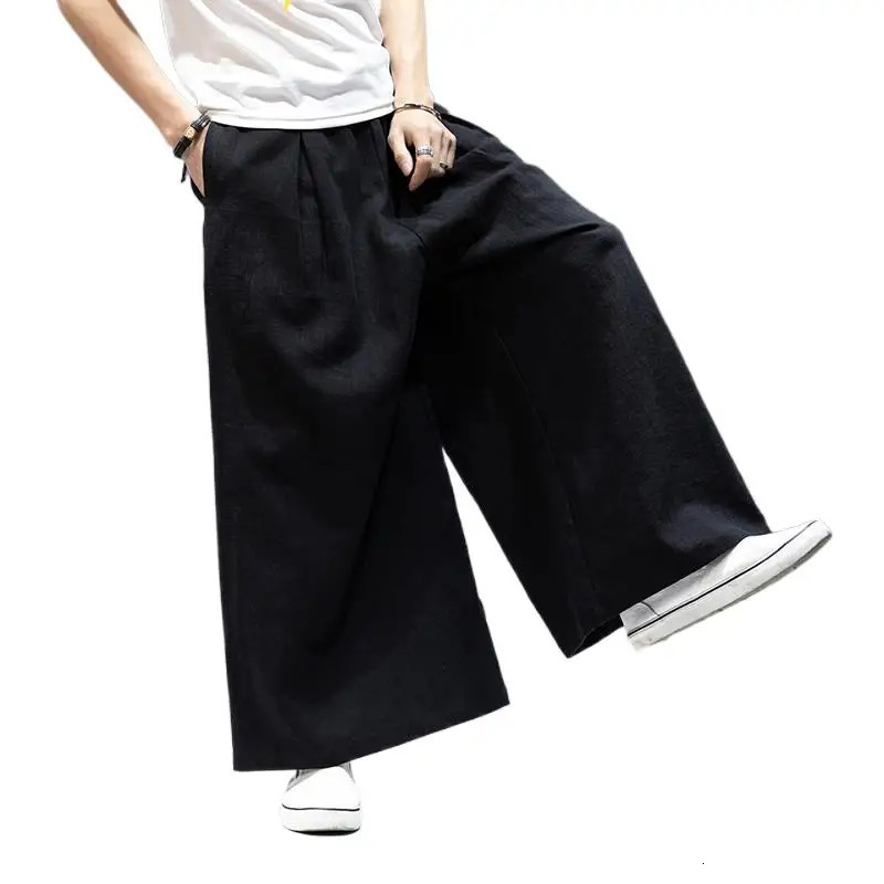Japan style mens cotton linen wide leg pantsplus size ML-7XL Vintage casual Elastic Waist Pockets Joggers Retro Loose Trousers 250225