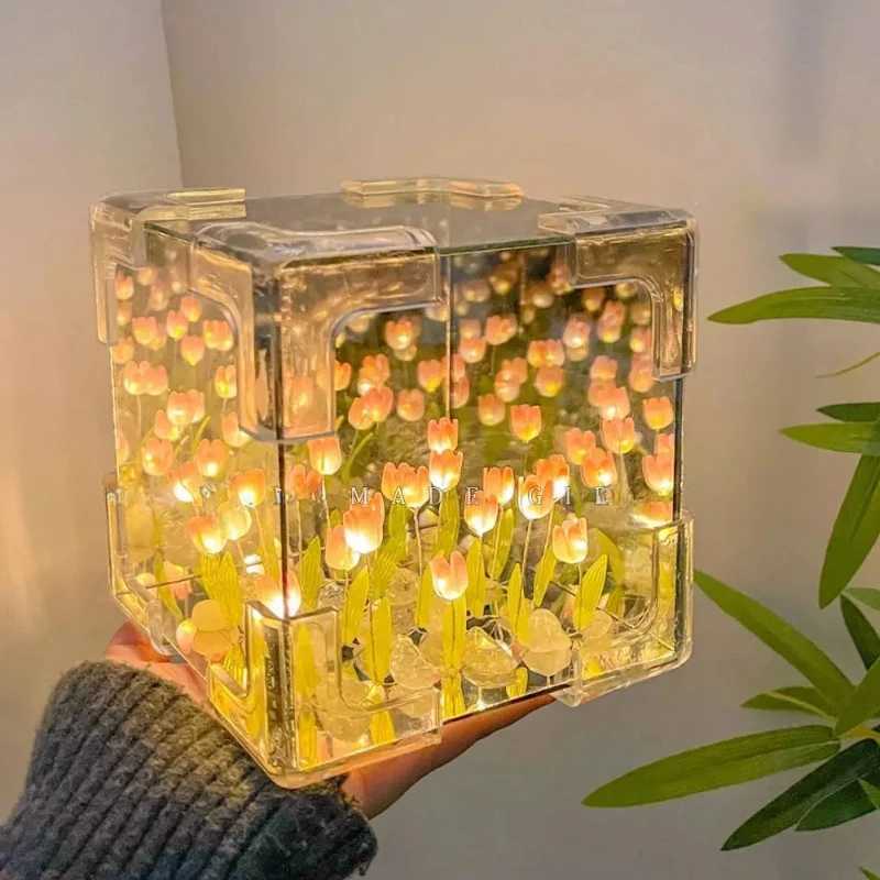 Hot Tulip Nightlight Handmade DIY Material Cube Tulip Mirror Bedroom Decor Atmosphere Lamp Valentines Day Birthday Gift Z250225