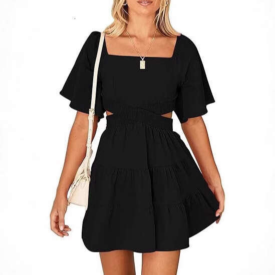 European American Spring/Summer New Women's Solid Color Elastic Waist Fresh And Sweet Square Neck Short Dress